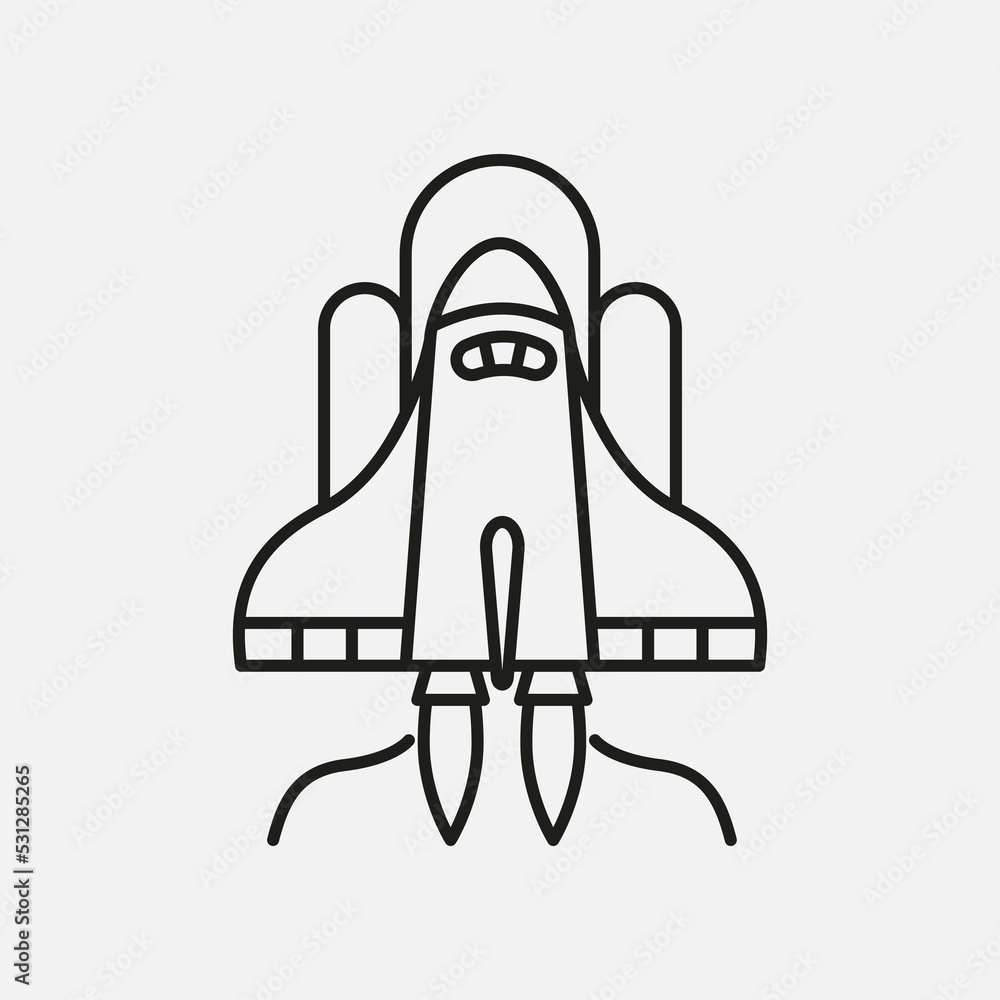 Space rocket launch. Technology spaceship, science and shuttle. Symbol of successful start. Vector illustration in linear style. Isolated on white background Space rocket launch. Technology spaceship, science and shuttle. Symbol of successful start. Vector illustration in linear style. Isolated on white background