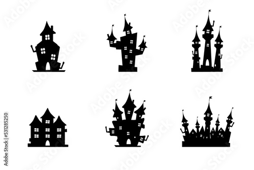 A set of gloomy black castles and houses of different shapes, with different shapes of towers, floors, halloween outbuildings on a white background. House Illustrations template. Ghosted castle