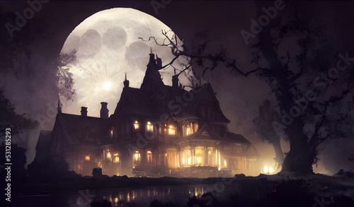 Photo Full moon shines over a creepy haunted house.