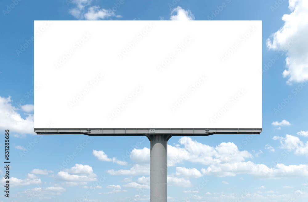 Outdoor pole billboard with mock up white screen on blue sky background with clipping path - obrazy, fototapety, plakaty 