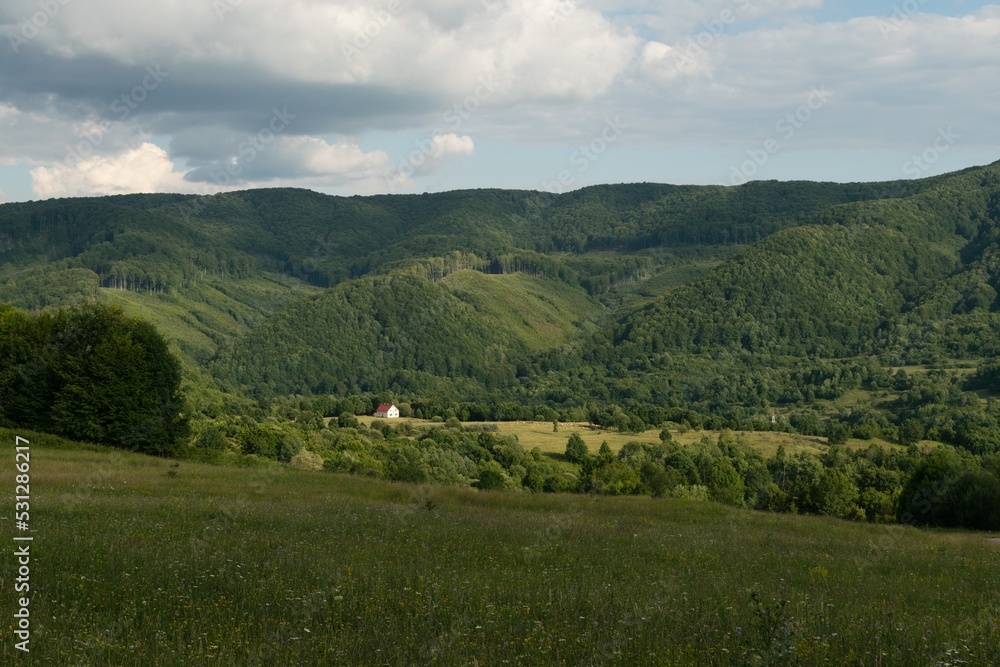 Rural image with a small house surrounded by green hills and rampant vegetation Rural image with a small house surrounded by green hills and rampant vegetation