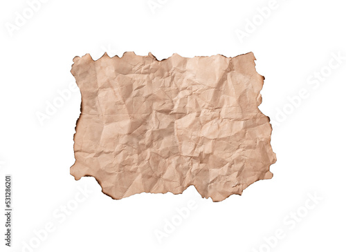 Сrumpled craft paper with burnt edges isolated on white background.