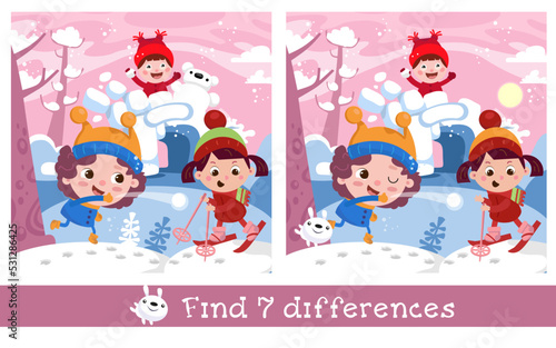 Find 7 differences. A game for children. Cute boys and girls skiing, playing snowballs near the snow fortress. Winter vacations. Funny characters. Vector illustration.