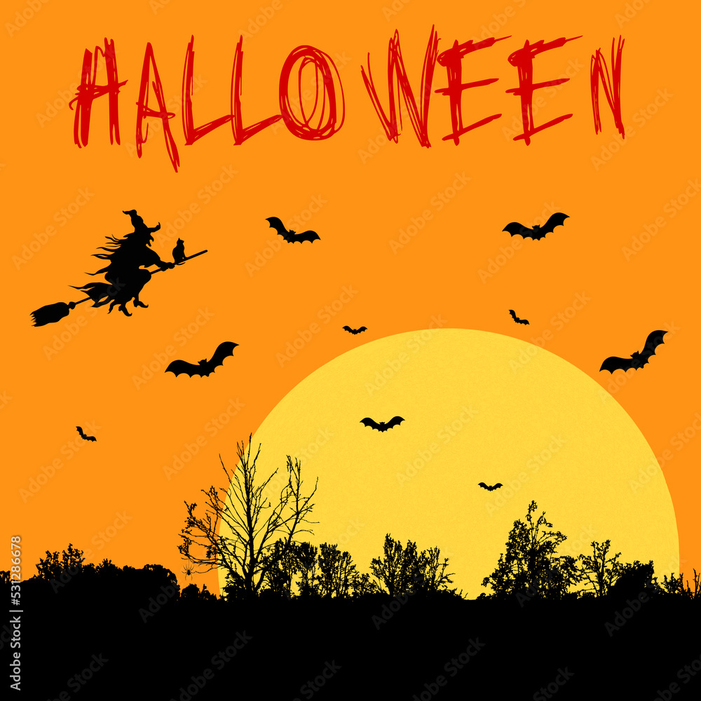 Carte pour la fête Halloween avec sorcière, chauve-souris et lune Carte pour la fête Halloween avec sorcière, chauve-souris et lune