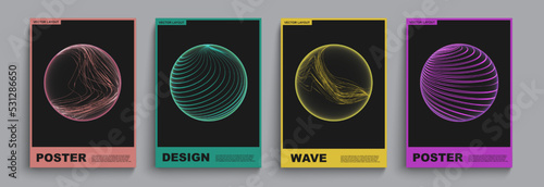 Geometric sphere shapes. Graphic line posters. Abstract and modern Brutalism forms. Bauhaus style. Minimal brochure covers. Circle figures. Placard layouts set. Vector design illustration