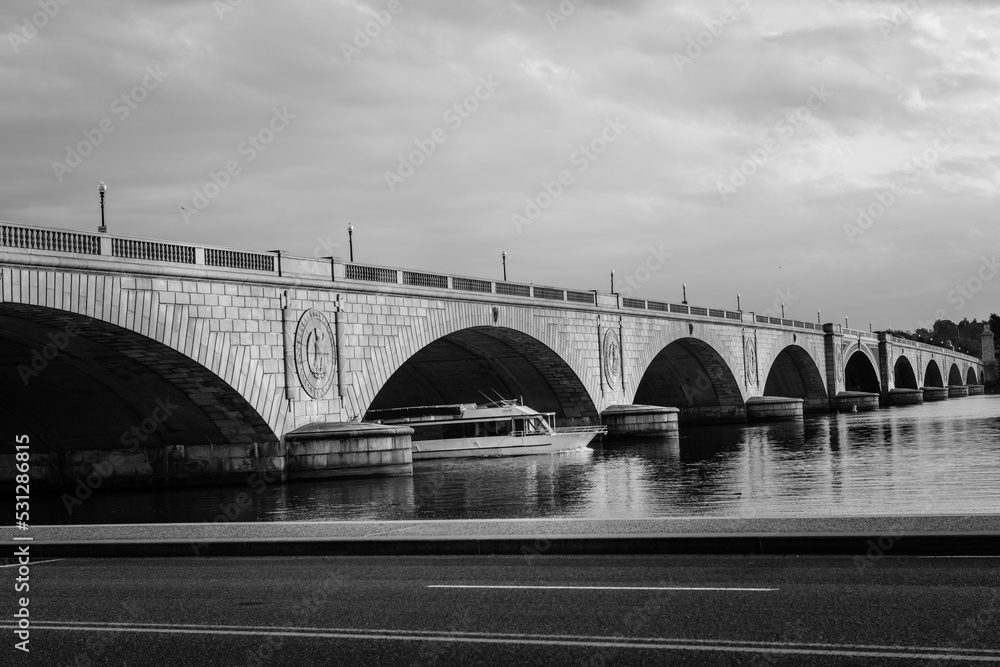 Memorial Bridge and a boat in black and white - Washington DC United States