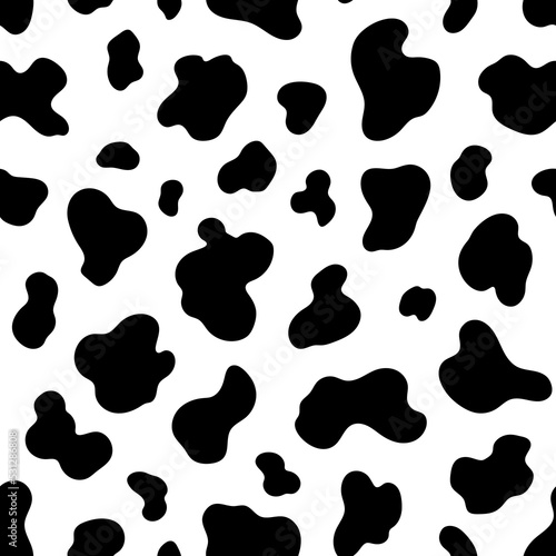 Cow seamless pattern. Hand drawn vector illustration. Black spot on white background. Texture for print, textile, fabric, packaging.