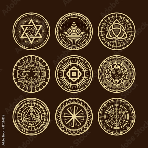 Occult pentagram symbols. Magic circles. Egypt star logo. Esoteric ankh. Illuminati tattoo. Astrology pictograms. Alchemy signs with moon or sun. Eye pyramid. Vector emblem labels set