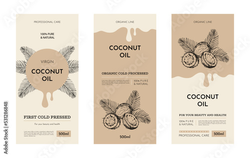 Coconut oil, cosmetic or cooking package label. Organic hair shampoo drop on background, beauty hand skin, herb cream. Botanical engraving style isolated elements. Vector design illustration