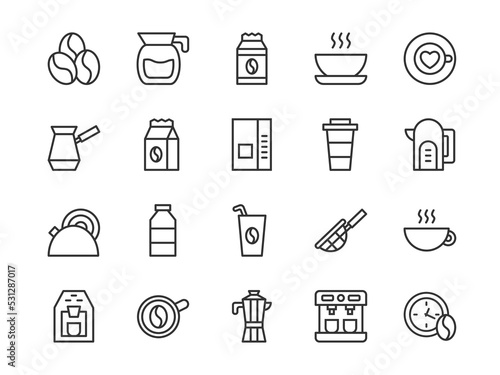 Coffee and tea cup line icons. Hot drink. Food cafe. Outline strokes. Machine for caffeine beverage in mug. Shop bag. Bean or leaf. Cafeteria logo. Takeaway glass. Vector pictograms set