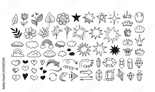 Doodle sparkle stars. Hand drawn flowers and sky clouds. Lightning diamonds. Sketch arrows. Pencil freehand shapes. Rainbow and gemstones. Monochrome plants. Vector line elements set