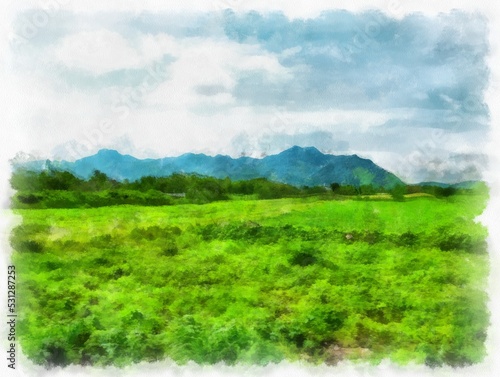 landscape of meadows and mountains watercolor style illustration impressionist painting.