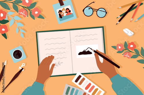 Diary journal. Writing in notebook. School book on table. Hand notes. Arms drawing with pencils and ink pen. Desk top view. Planner with reminders and bookmark. Vector cartoon illustration
