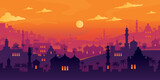 Arabian cityscape. Sunset town scenery. Mosque and house silhouettes. Night city buildings. Old Makkah. Sundown mountains. Arab evening Morocco. Scenic sky. Vector urban panorama card