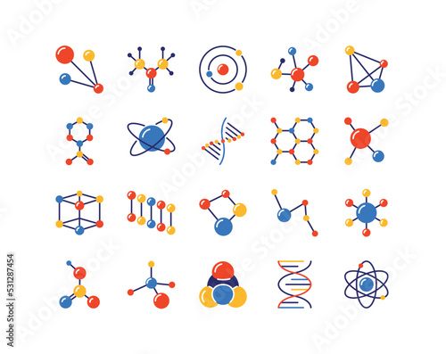 DNA connect icons. Chemistry and biology science. Molecular cell. Biotechnology shapes. Colorful molecules. Atom structure. Physics and genetics research. Vector digital symbols set