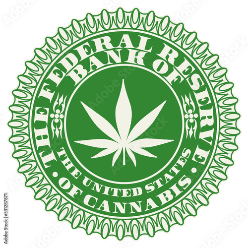 Green round openwork vintage bank seal with hemp leaf. United States of Cannabis