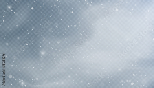 Snow blizzard, christmas winter background. Snowflakes flying isolated on transparent background.