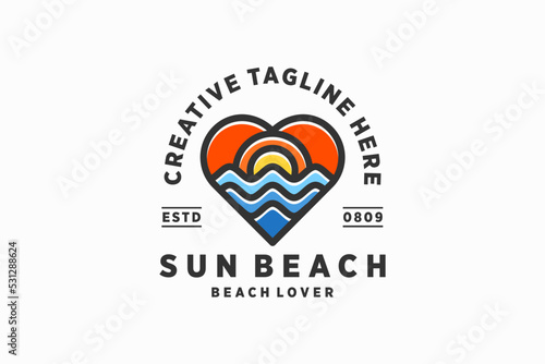 sun and ocean waves linear logo in heart or love shape concept