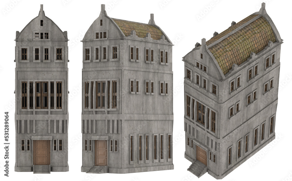 Isolated 3d render illustration of medieval castle building in various angles.
