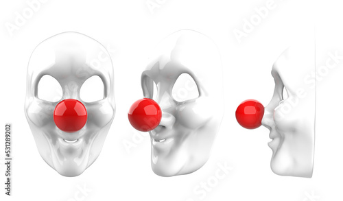 Isolated 3d render illustration of plastic clown mask with red nose on transparent background.