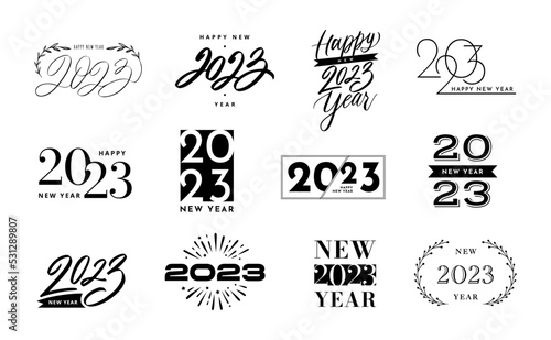 Happy New Year 2023 lettering. Congratulatory banner for new year celebration, hand drawn calligraphy badge design template vector set