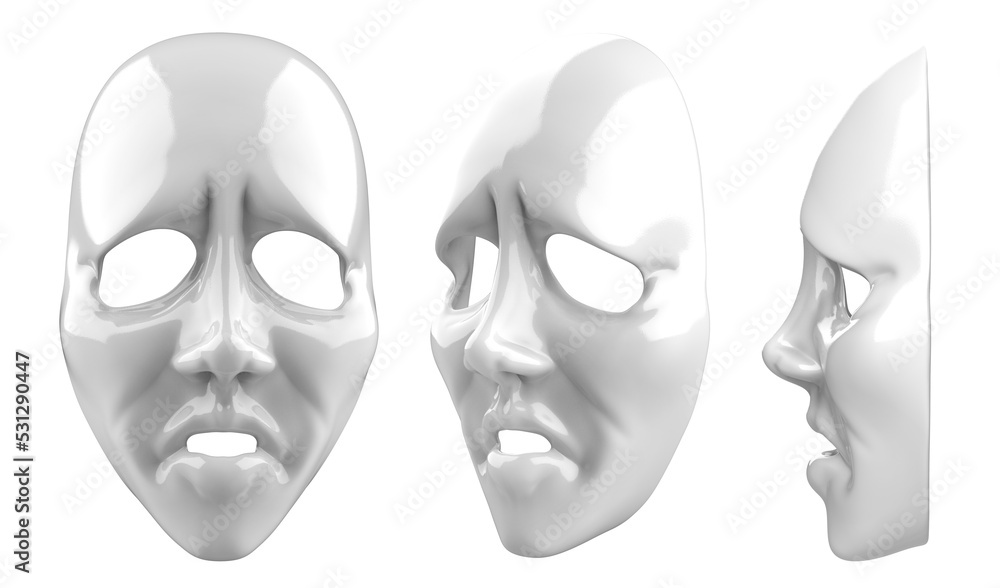 Isolated 3d render illustration of white colored sad theatrical mask. Isolated 3d render illustration of white colored sad theatrical mask.