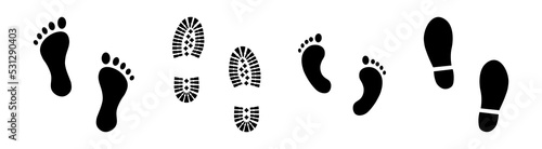 Set of different footprints. Black human footprints