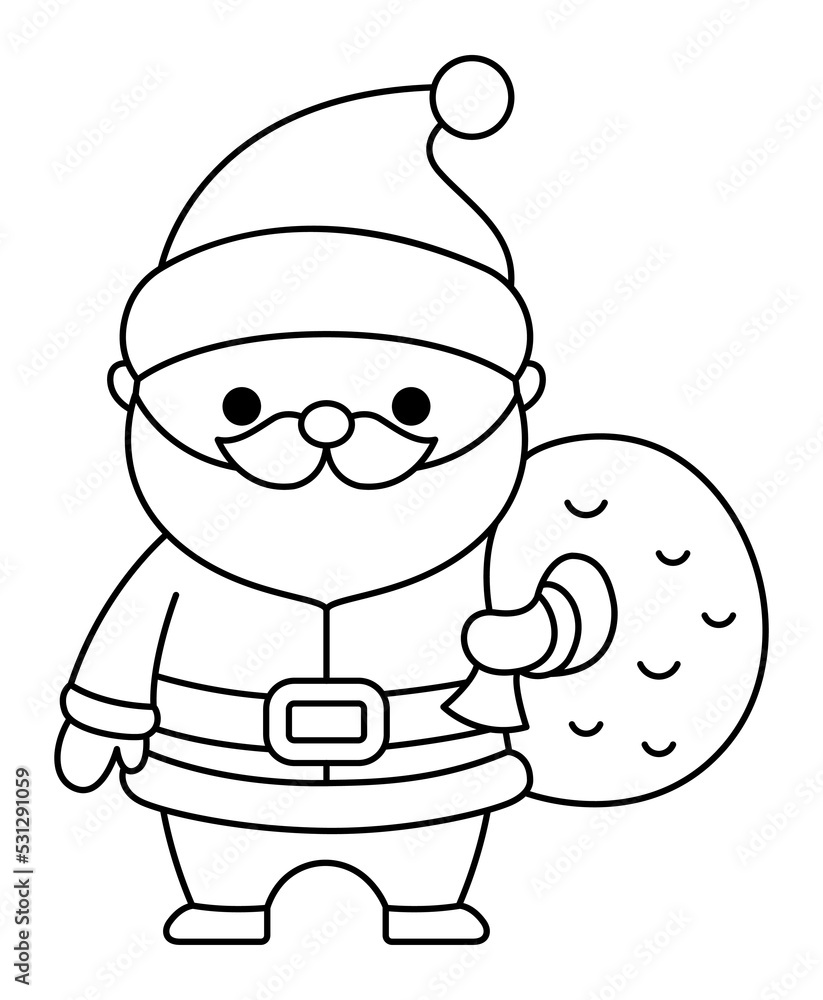 Vector black and white kawaii Santa Claus with sack. Cute Father Frost illustration isolated on white. Christmas, winter or New Year character with bag. Funny line icon or coloring page.