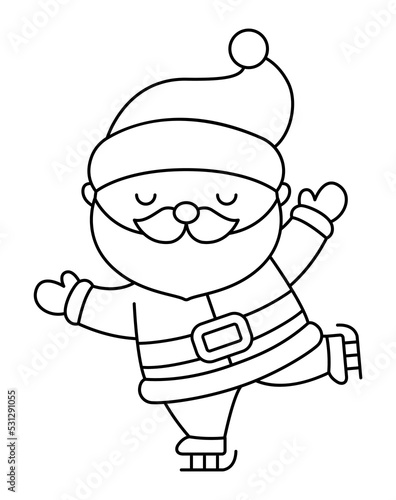 Vector black and white kawaii Santa Claus. Cute happy skating Father Frost illustration isolated on white. Christmas, winter or New Year character. Funny line icon or coloring page.