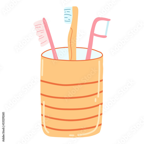 Hand drawn glass with toothbrushes in cartoon flat style. Vector illustration of dental supplies, dental care concept, oral hygiene