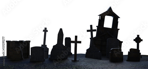Tablou canvas Isolated 3d render illustration of horror scary cemetery graveyard landscape
