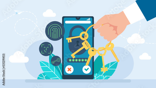 Mobile security concept. Secure connection, privacy and protection. Man hold security bunch of keys to open padlock and get access to hack privacy, activities and history of data. Vector illustration