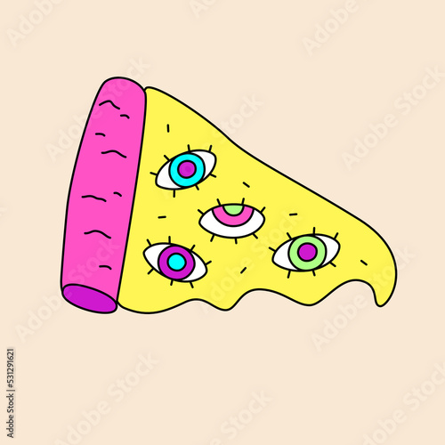 Colorful pizza with all seeing eyes. Hand drawn doodle illustration