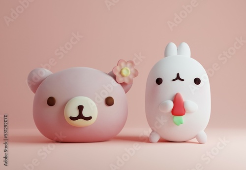Cute japanese sweets,bear and rabbit in pastel colors on a pink background. 3D illustration 