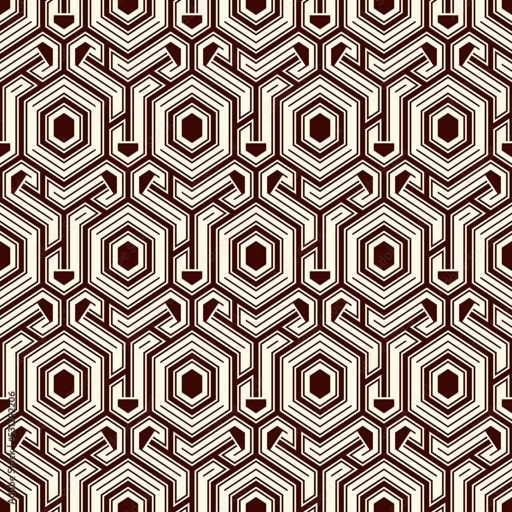 Honeycomb seamless pattern. Hexagon mosaic tiles ornament. Ethnic surface print. Repeated geometric figures background. Ornamental wallpaper. Modern geo design digital paper. Vector abstract art.