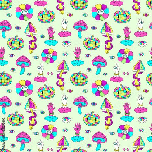 Colorful hand mushrooms and pumpkin disco ball seamless pattern. Groovy hippie Halloween. Retro 60s, 70s style background.