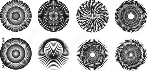 Spiral, swirl, twirl element set. Rotating circular and concentric shapes vector Illustration. Volute, helix, and curlicue designs