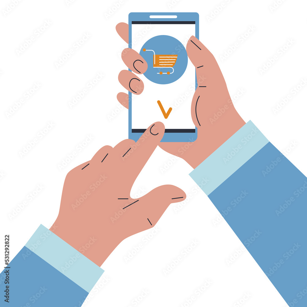 Online shopping banner, mobile app templates. Hand holding smartphone. Purchase packages. Order online delivery for commercial and private interests. Vector illustration in cartoon style Online shopping banner, mobile app templates. Hand holding smartphone. Purchase packages. Order online delivery for commercial and private interests. Vector illustration in cartoon style