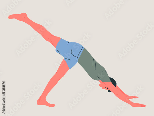 Man wearing sportswear doing Yoga. Young fit guy doing yoga. Hand drawn colored Vector illustration. Weight Loss. Health care and lifestyle concept. Male yoga.