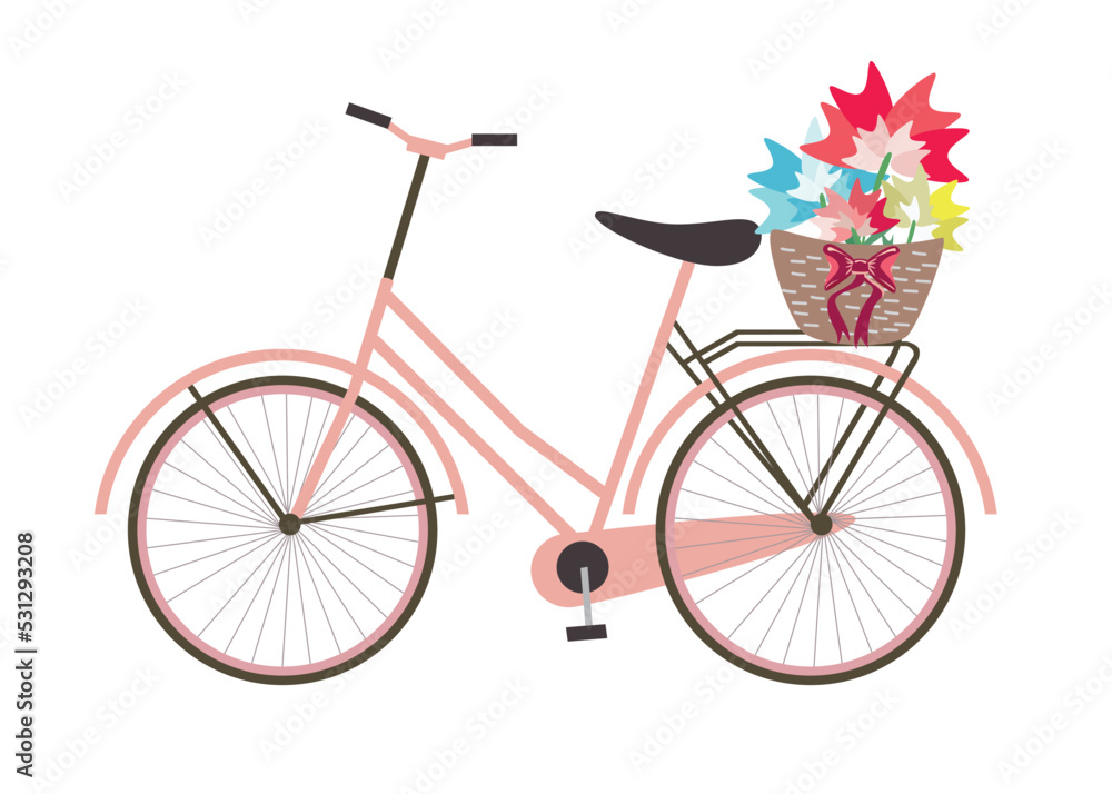 bicycle with basket of flowers vector - spring theme - isolated on white background