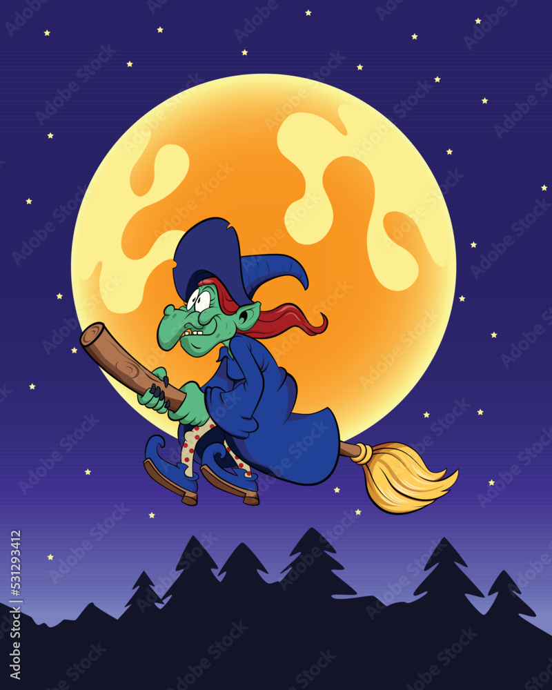 Naklejka premium witch on the broom, moon