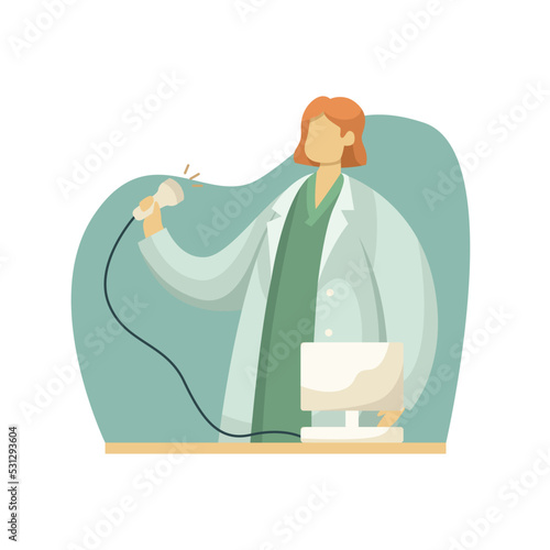 Vector illustration of an ultrasound doctor with a sensor for examination in her hands. Profession. Flat style