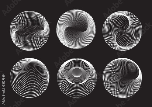Set of abstract round 3d sphere. Scientific and technical frame illustration. Dotted spot vector design elements. Perfect for Logo, Banner, Icon.