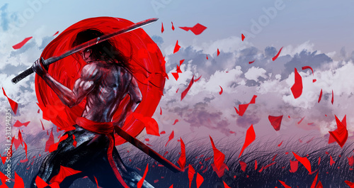 Artwork illustration of fantasy samurai or shogun japanese warrior with sword posing on windy field landscape background. photo