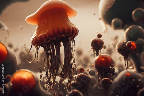 Alient plant, dripping mushroom, digital illustration, surreal nature. photo