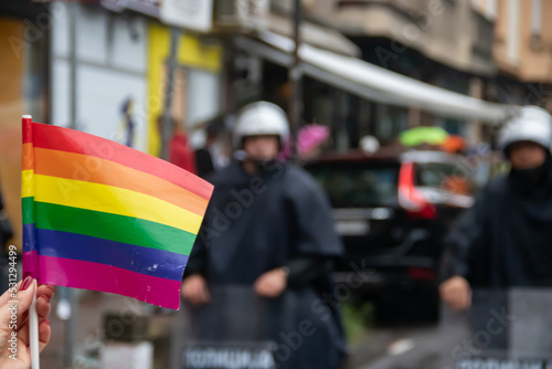 Belgrade pride walk 2022 in downtown with heavy police security escort around event. Colorful umbrellas and symbols of LGBTQ+ community 