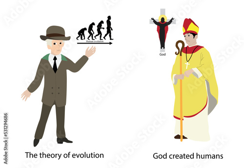 illustration of physics and religion, Scientists believe the theory of evolution of living things, Religion believes that living beings are made up of gods, belief and science