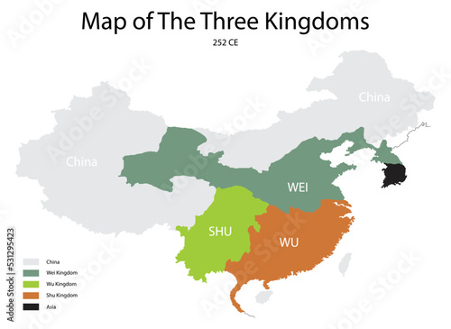 illustration of history and politics, The Three Kingdoms from 220 to 280 AD was the tripartite division of China among the dynastic states of Cao Wei, Shu Han and Eastern Wu