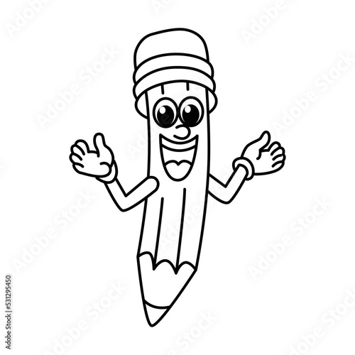 Funny pencil cartoon characters with cute face vector illustration. For kids coloring book.