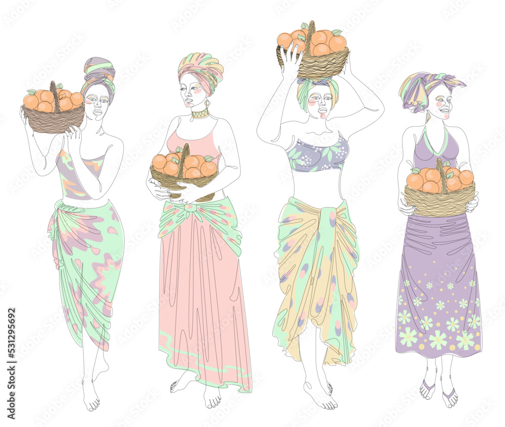 Collection. Silhouettes of a girl in a headscarf. The lady is holding a basket of oranges in her hands. Woman in modern one line style, outline. Vector illustration, set. Collection. Silhouettes of a girl in a headscarf. The lady is holding a basket of oranges in her hands. Woman in modern one line style, outline. Vector illustration, set.